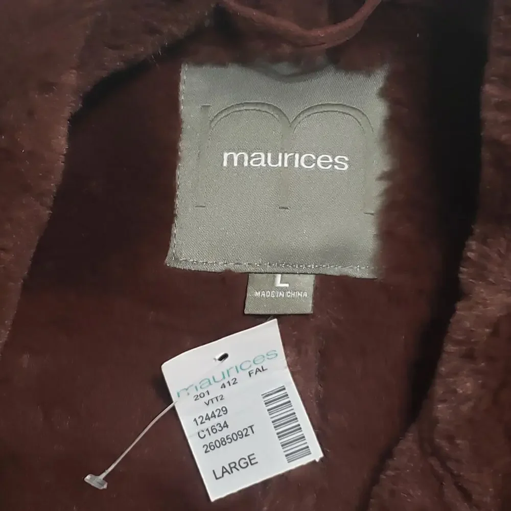 NWT Maurices Faux Suede + Fur Moto Jacket Brown Asymmetrical Zip Sz Lg Bikercore